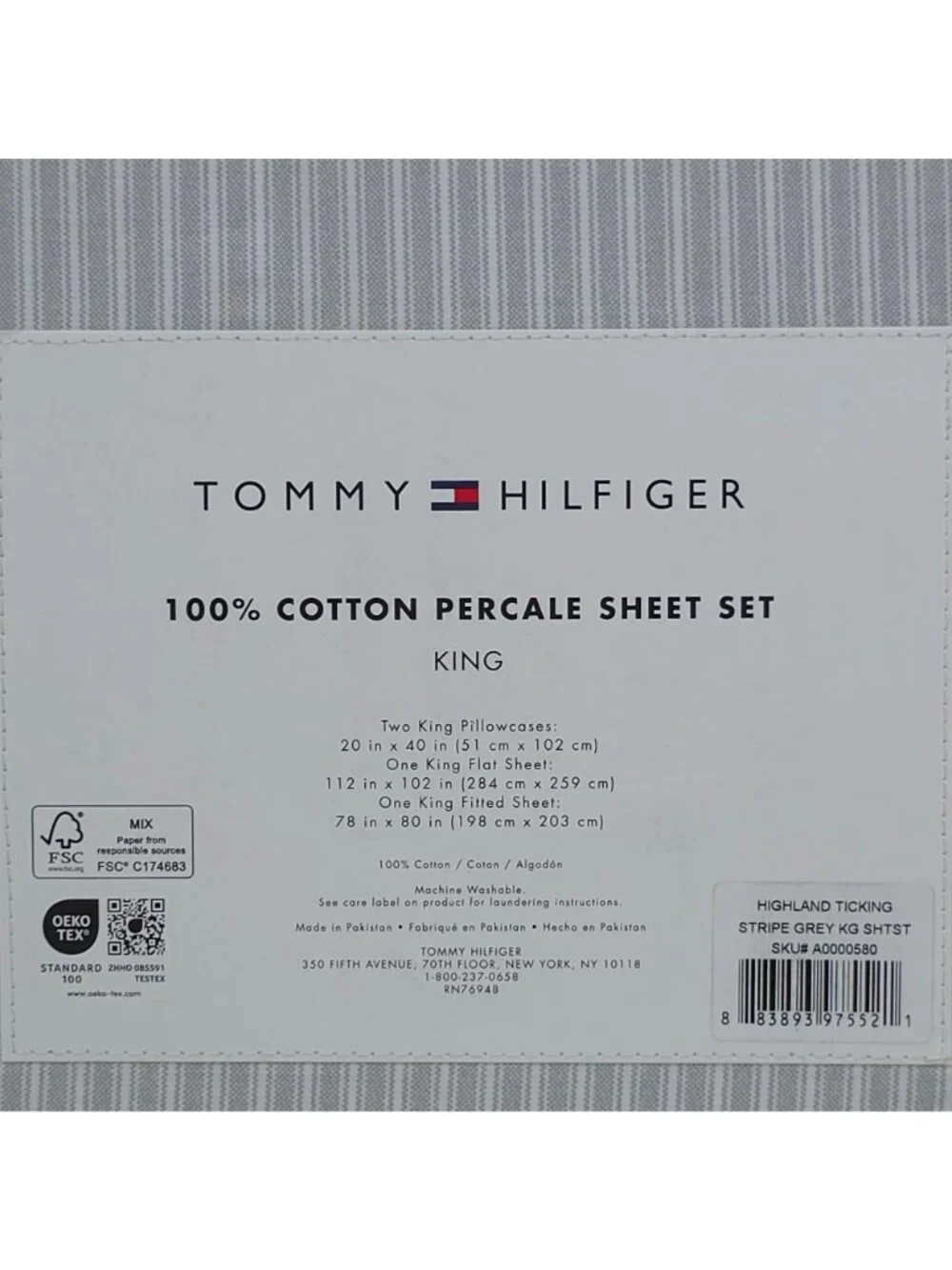 Tommy Hilfiger 100% Cotton Percale King Sheet Set Highland Ticking Stripe Grey
